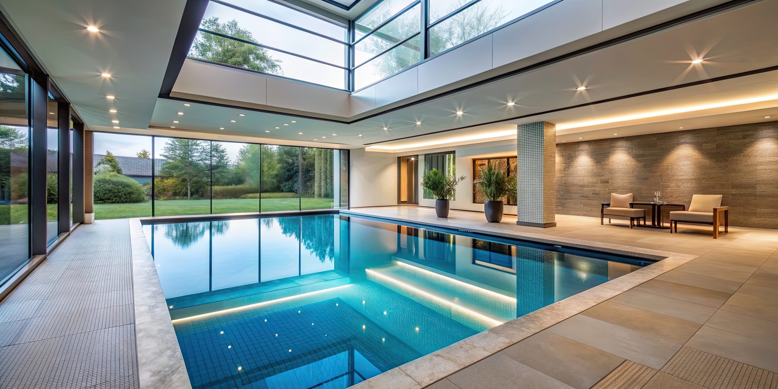 Luxury indoor swimming pool with modern glass walls and garden view, surrounded by spacious lounging areas