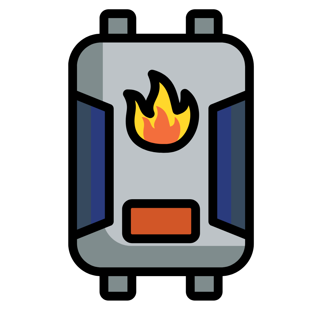 Illustration of a high-efficiency boiler with a flame symbol, representing heating and energy efficiency.