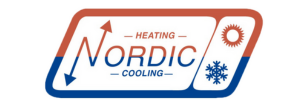 Logo of Nordic Heating and Cooling, featuring arrows indicating temperature control, a sun representing heating, and a snowflake symbolizing cooling